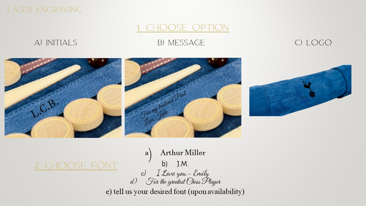 Les Bleus roll-up backgammon board showing engraving options