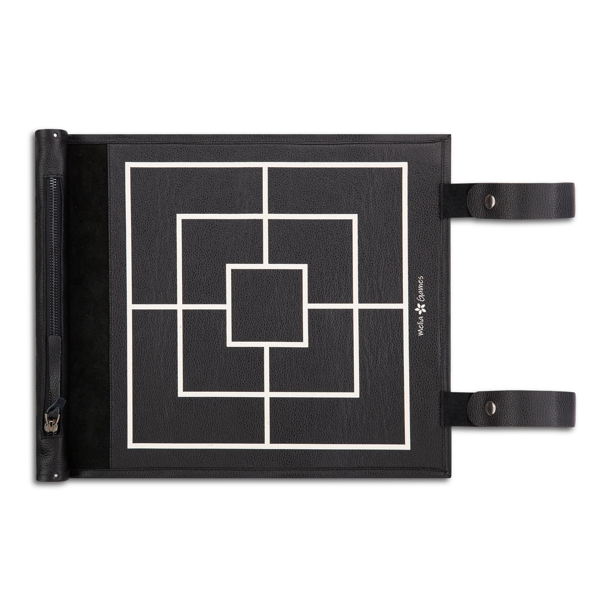 Top view of MELIA black leather Nine Men's Morris board