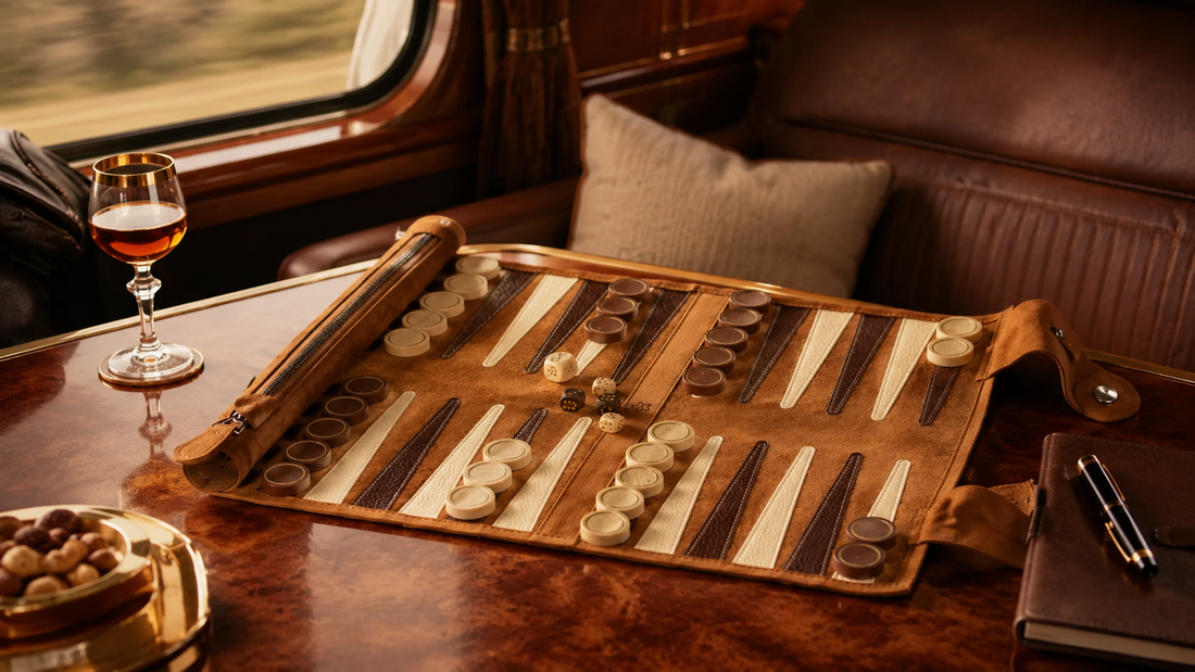 MELIA luxury leather roll-up backgammon set during train travel