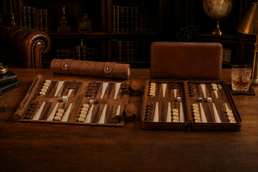Roll-up and foldable leather backgammon sets side by side in a luxury interior