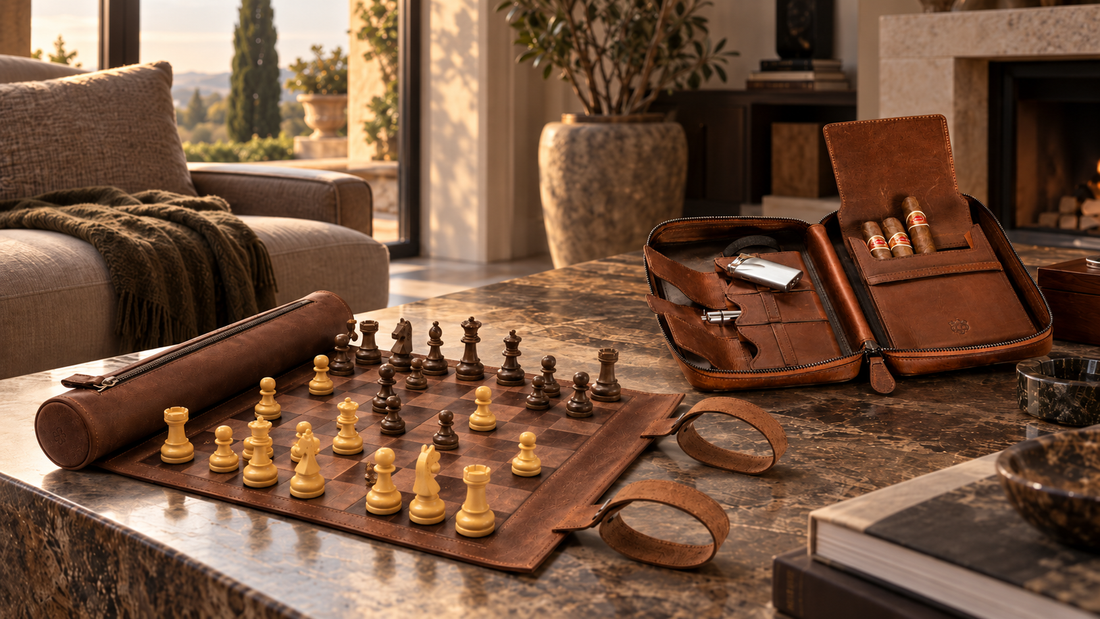 MELIA luxury game and Crown & Tiger leather accessories in an elegant interior