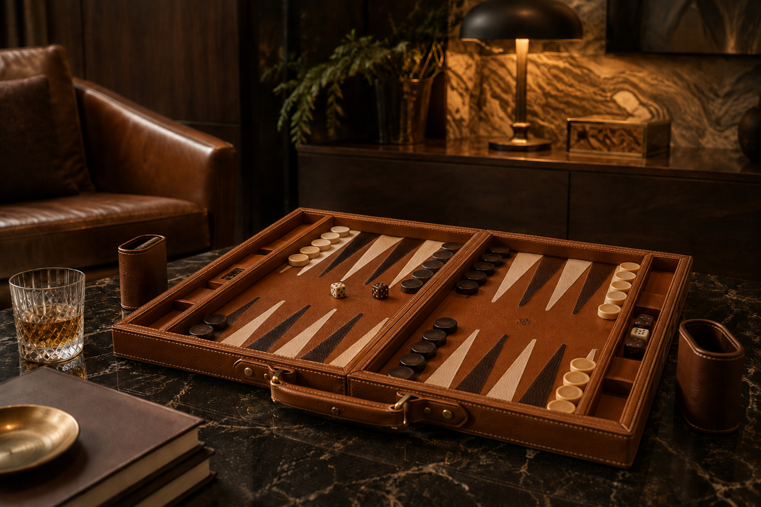 Luxury MELIA leather backgammon set in an elegant interior