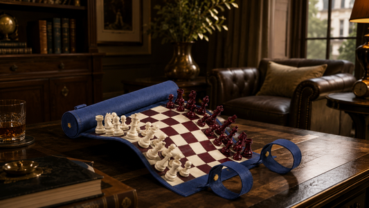 Luxury MELIA leather chess set styled as an interior object in an elegant library