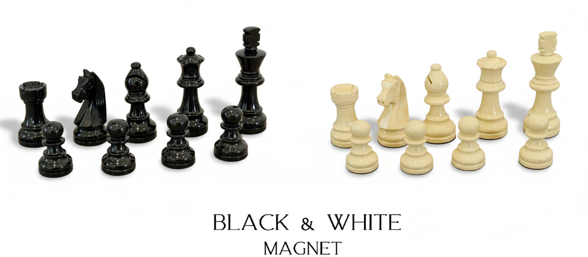 Black and white lacquered magnetic Staunton chess pieces by MELIA