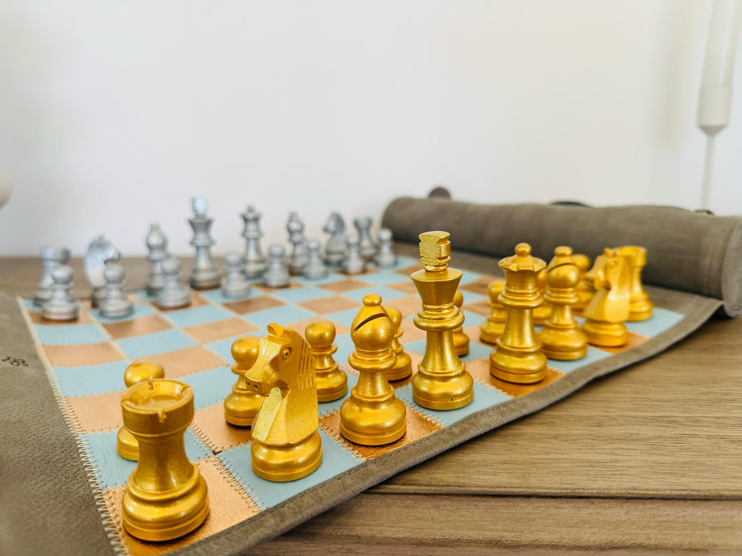 Roll Up Magnetic Leather Chess Set - Champagne