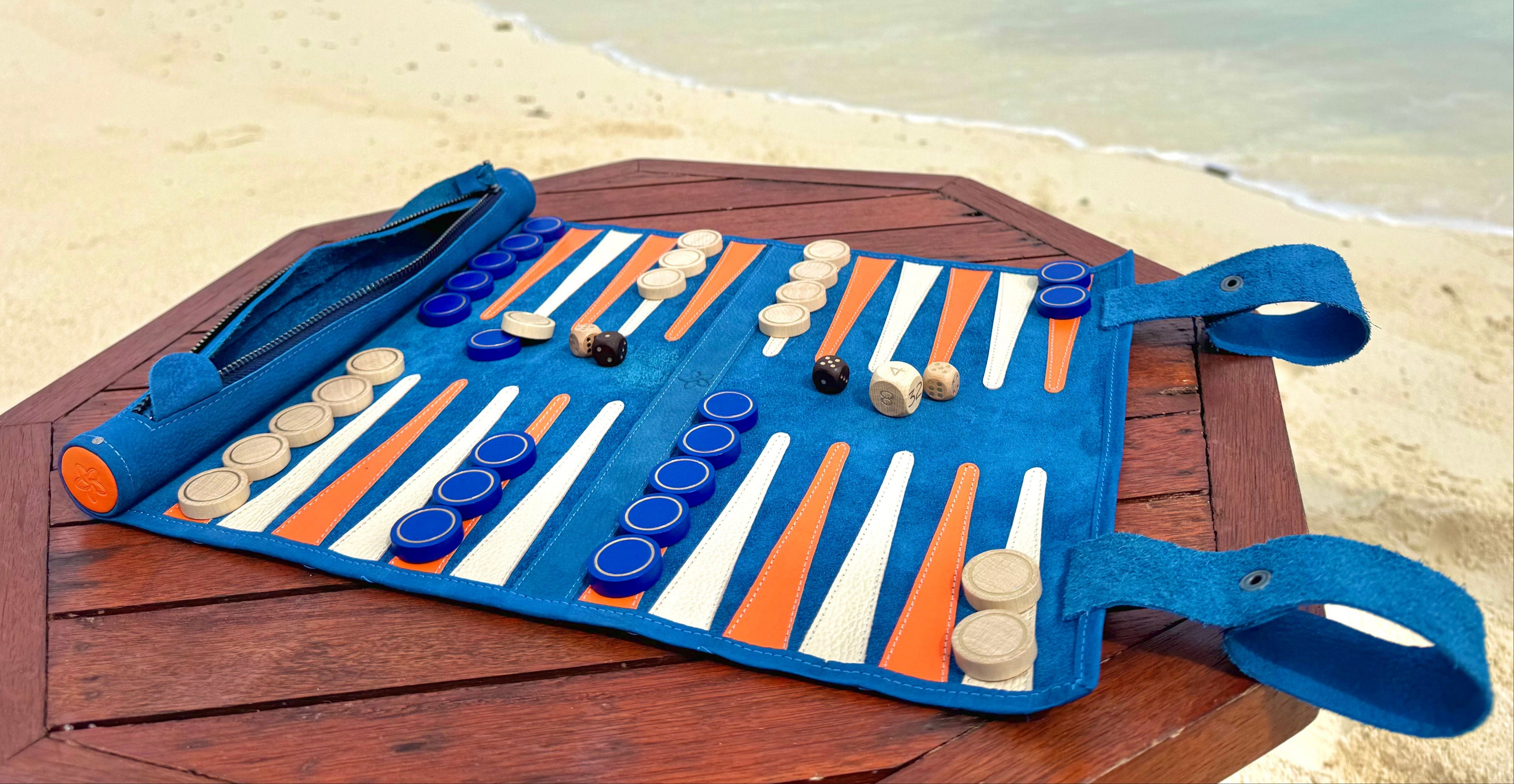 MELIA Roll-Up Leather Backgammon Set handcrafted in Europe for luxury travel and home