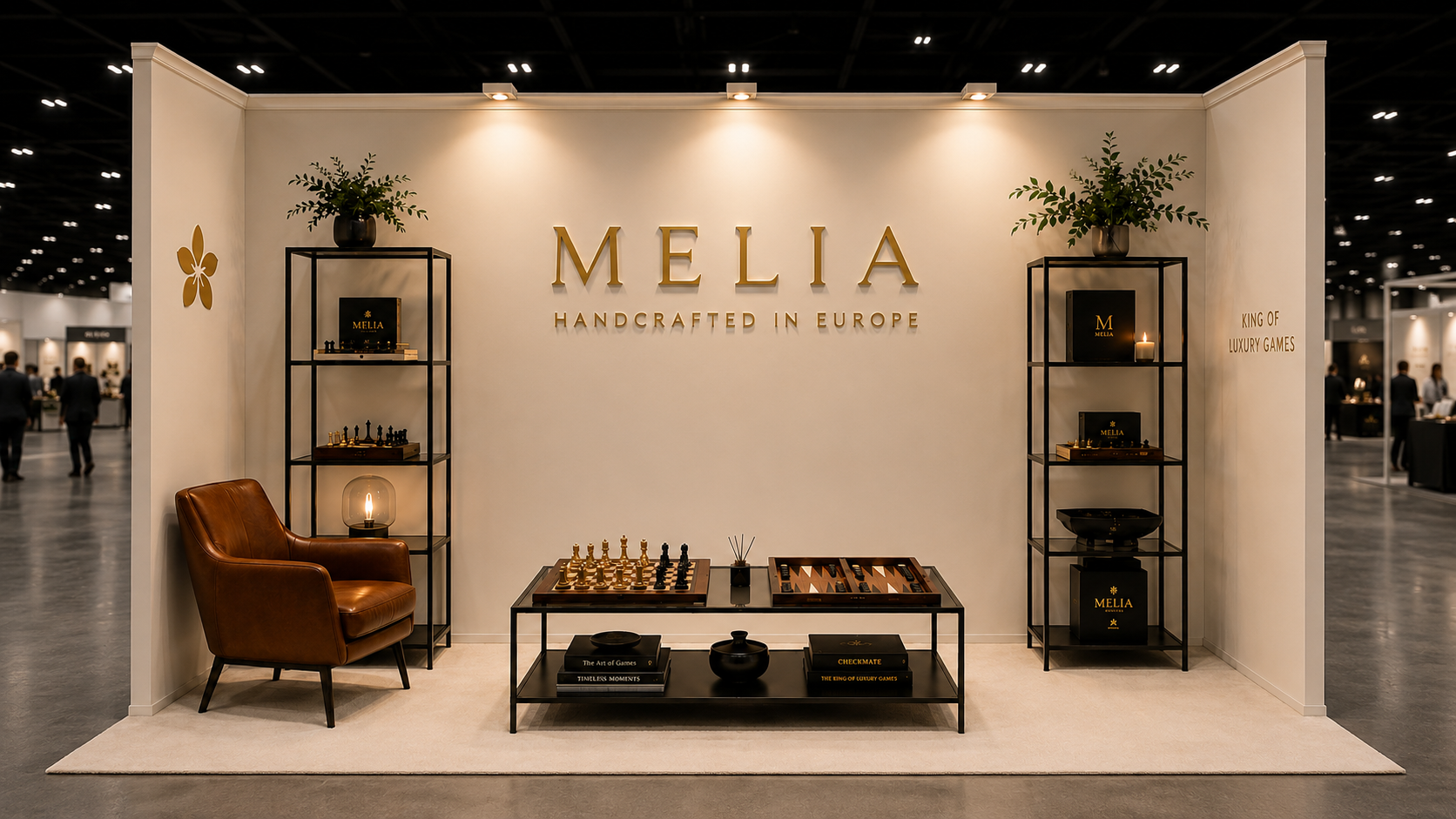 A luxury display booth for the brand MELIA, featuring a warm beige wall with gold lettering, black metal shelving, a brown leather armchair, and a central coffee table with a chess set, set in a large exhibition hall.