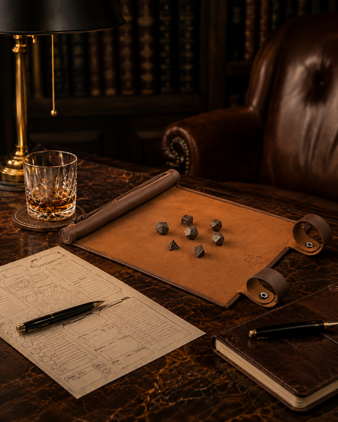 Luxuriöse Tabletop-RPG-Szene mit MELIA dice mat, mehrseitigen Würfeln, Charakterbogen, Ledernotizbuch und Stift auf einem dunklen Marmortisch in einer eleganten Bibliothek mit warmer Beleuchtung.