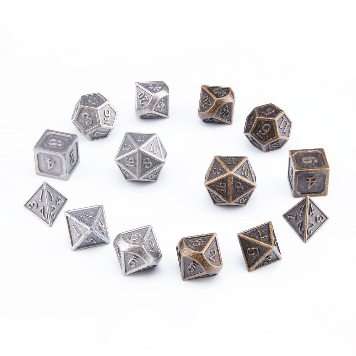 Premium metal RPG dice sets with polyhedral gaming dice in silver and antique bronze