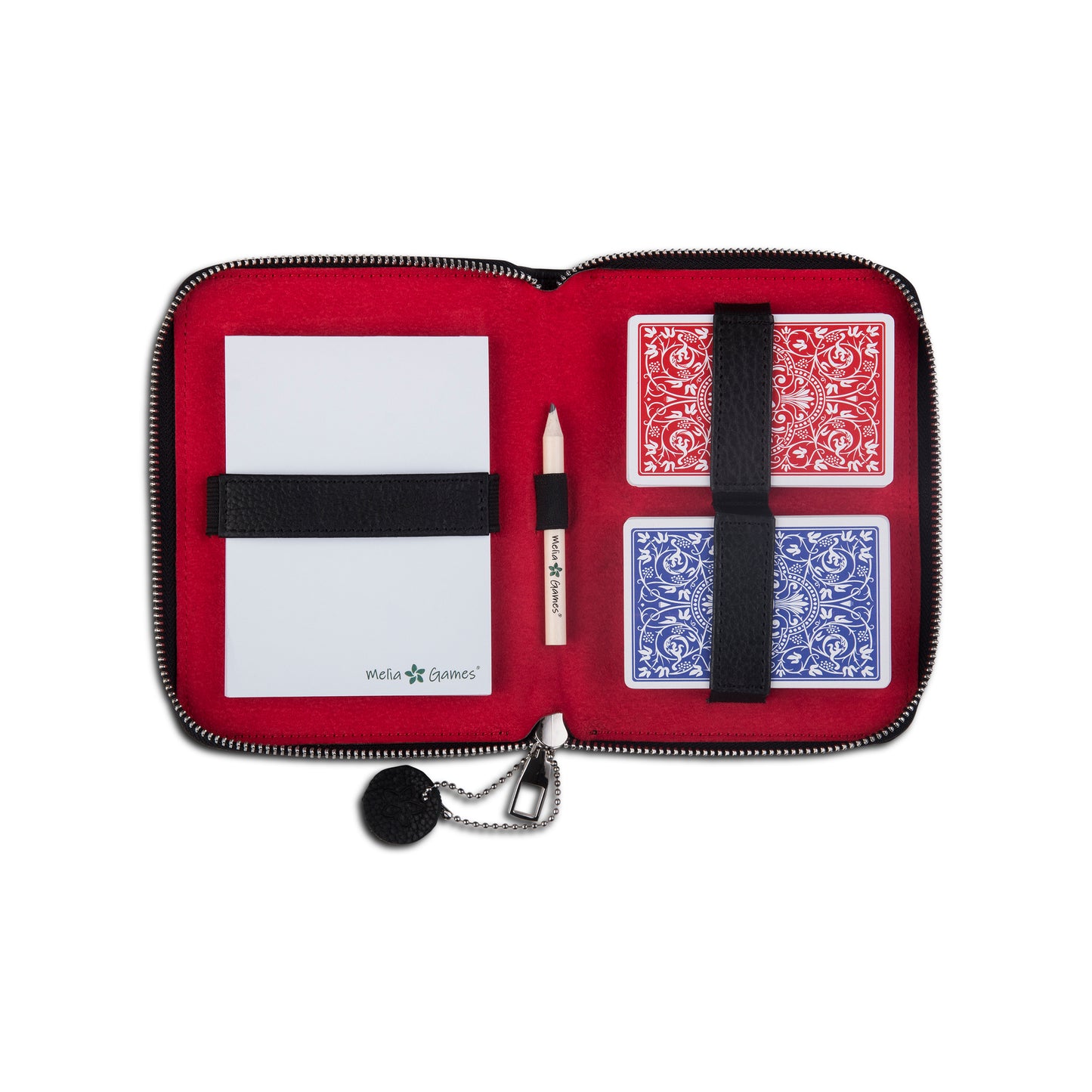 MELIA Playing Cards Set Deluxe Black Red with two flexible card holders, scorebook and pencil