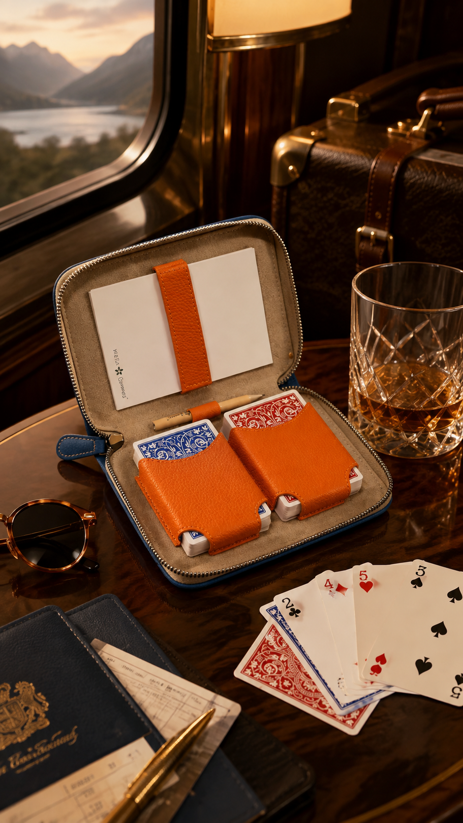 A luxury travel card case set displayed on a wooden table by a window, styled with a glass of whiskey, playing cards, a passport, and a suitcase. The set includes a gray zippered case with orange straps holding two deck-sized card cases with blue and red patterns.
