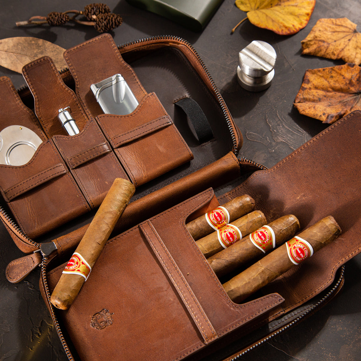 Leather cigar case with separate pockets for lighter cutter and accessories scene