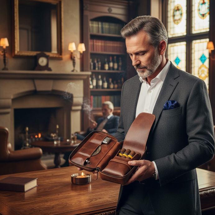 Crown & Tiger leather cigar case used in a refined cigar lounge