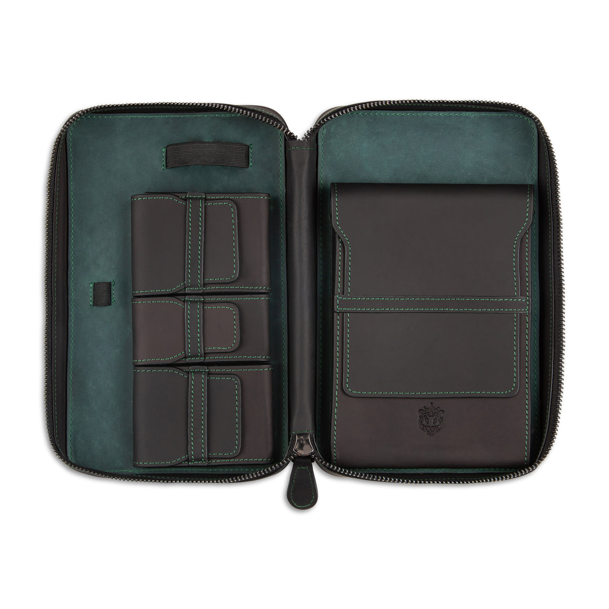 open Crown & Tiger full-grain leather cigar case blank green lantern