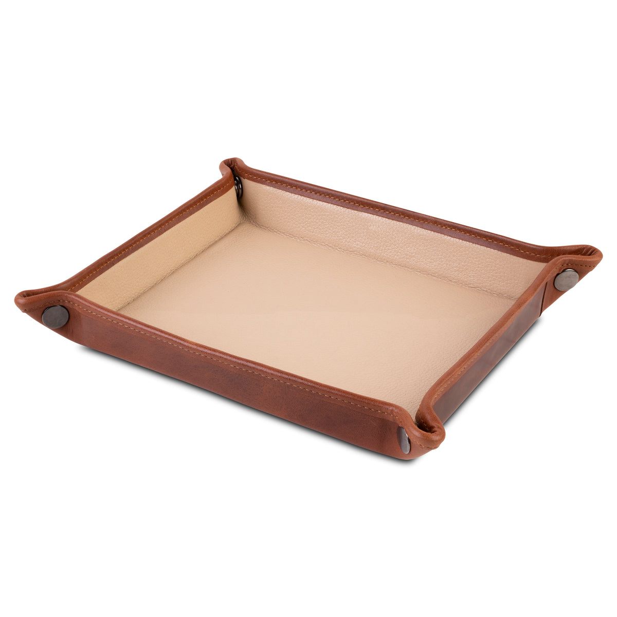 Fold-flat leather travel valet tray with snap-fastener construction