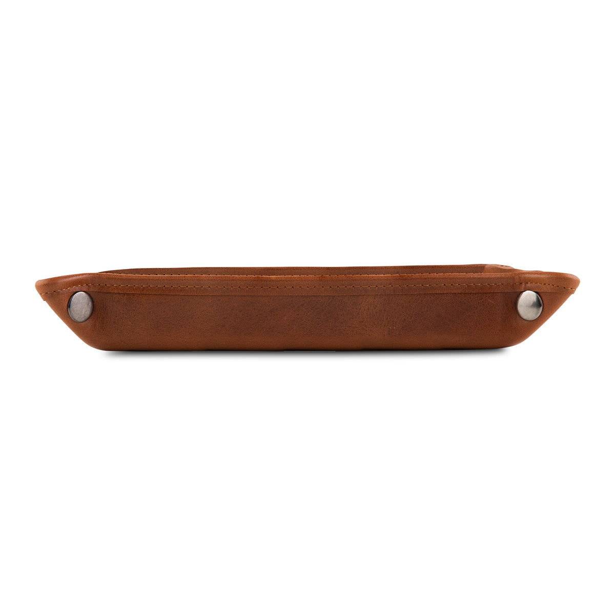 Side view of foldable Crown & Tiger full-grain leather valet tray