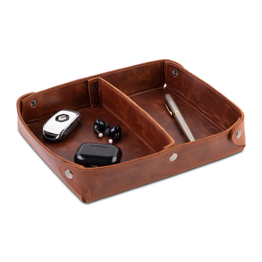 Crown & Tiger large leather valet tray with removable divider and everyday accessories