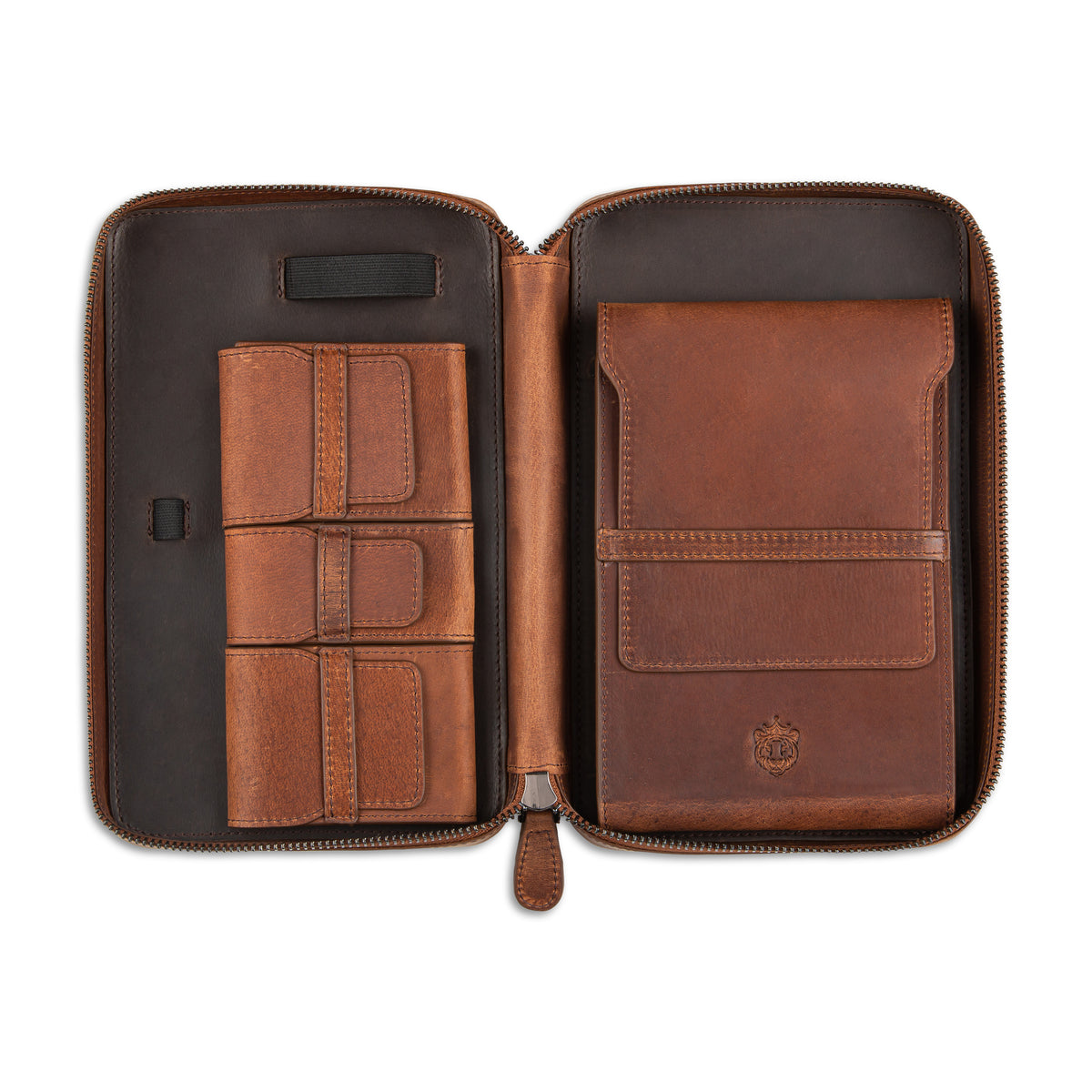 Crown & Tiger leather cigar case for five cigars and accessories open blank tobacco