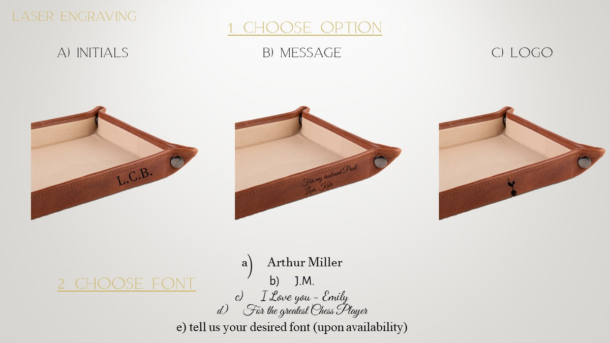 Crown & Tiger leather valet tray engraving details