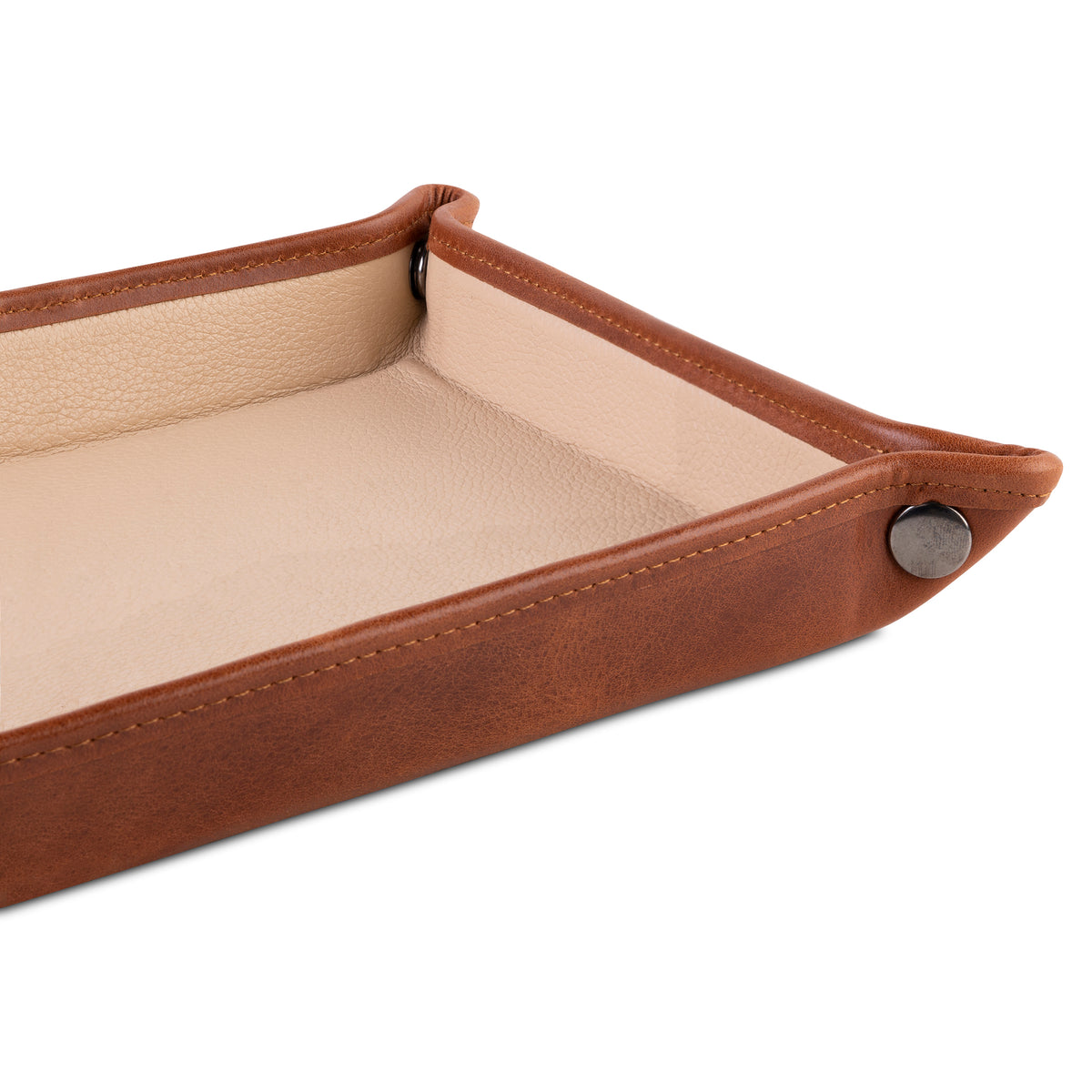 Two-tone Crown & Tiger leather valet tray with snap-fastener corners