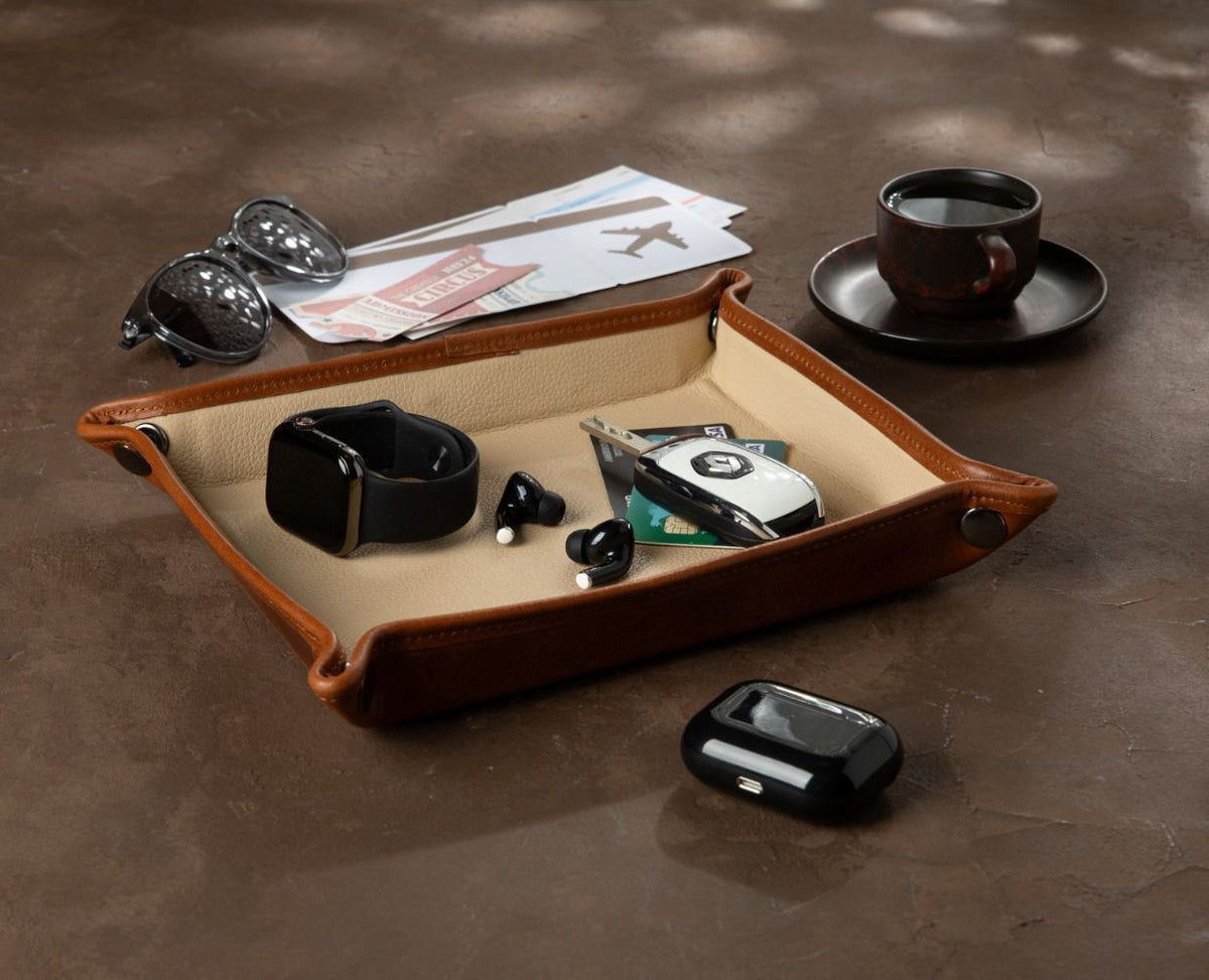 Leather valet tray for watch keys earbuds and everyday essentials