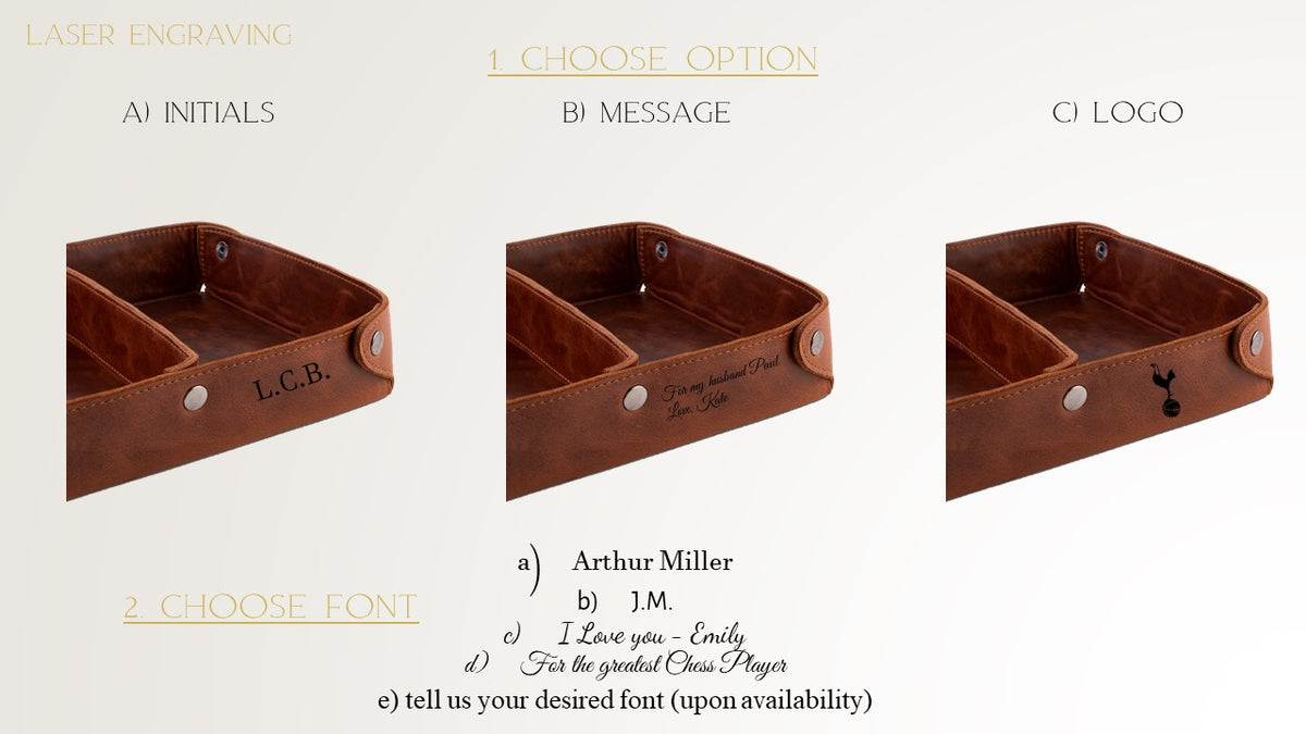Crown & Tiger leather valet trays engraving options