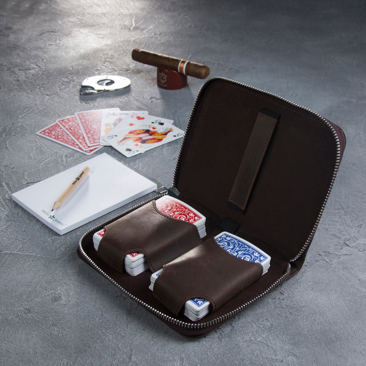 Open MELIA Playing Cards Set Deluxe in Dark Brown with two decks, scorebook and pencil