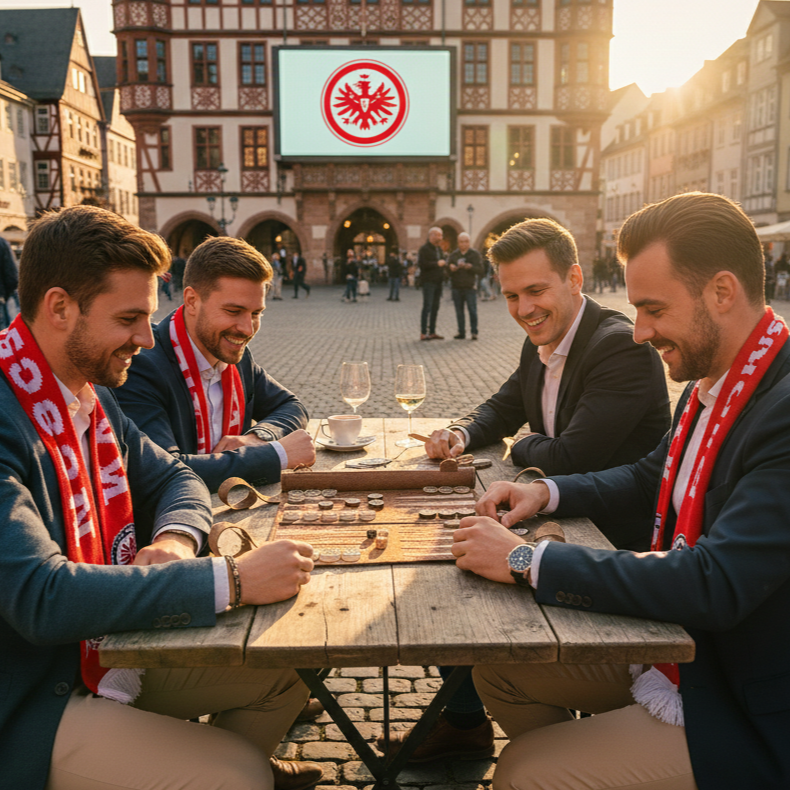 Eintracht Frankfurt x MELIA luxury leather backgammon set in use in frankfurt city