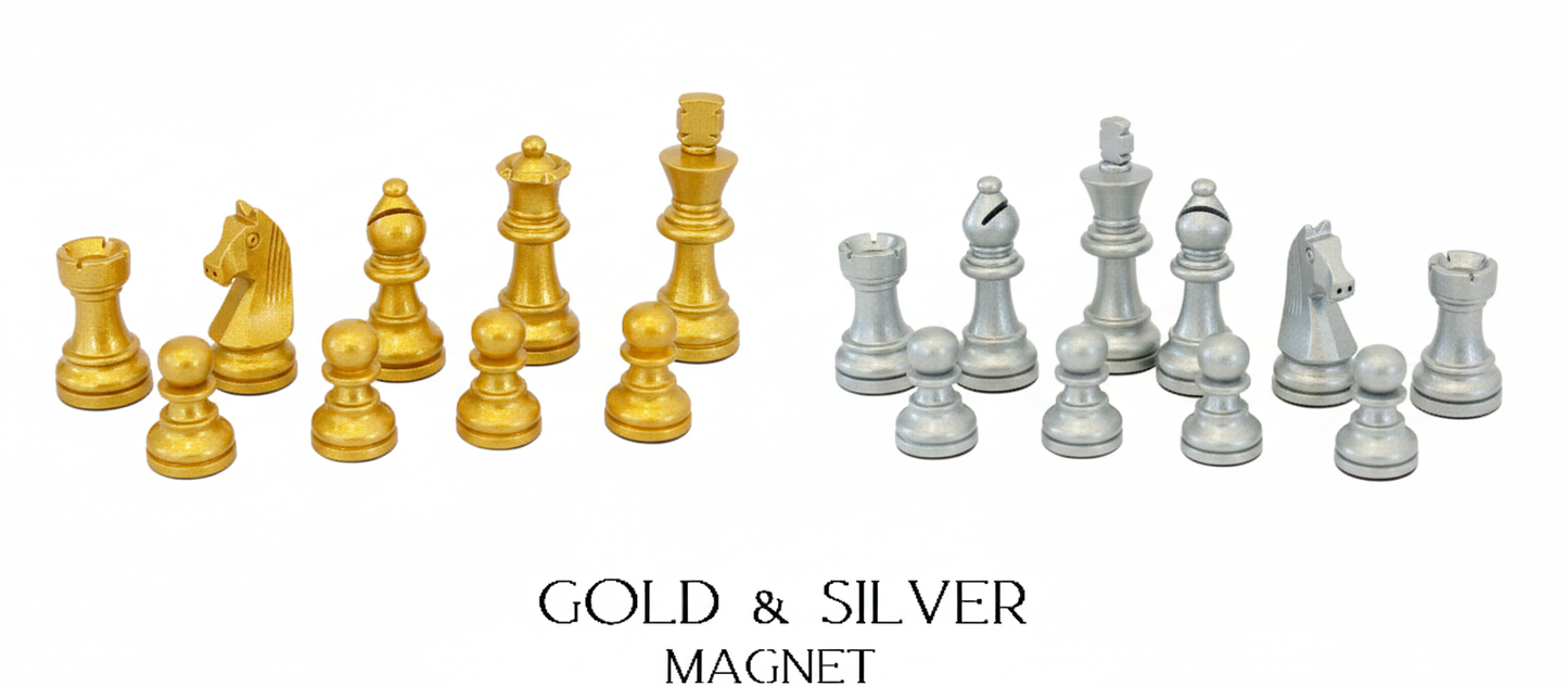 Gold and silver lacquered magnetic Staunton chess pieces by MELIA