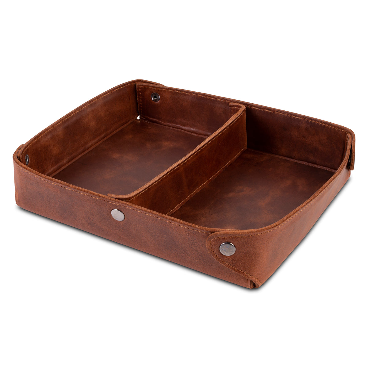 Handcrafted full-grain leather valet tray with removable center divider
