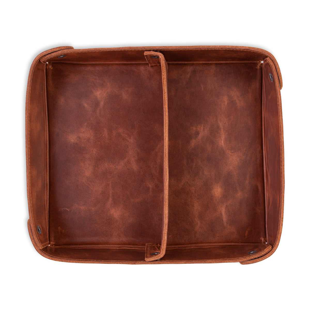 Large full-grain leather organizer tray with two compartments