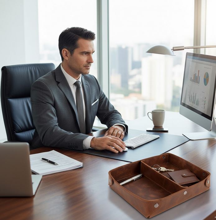 Large leather valet tray organizer on an office desk