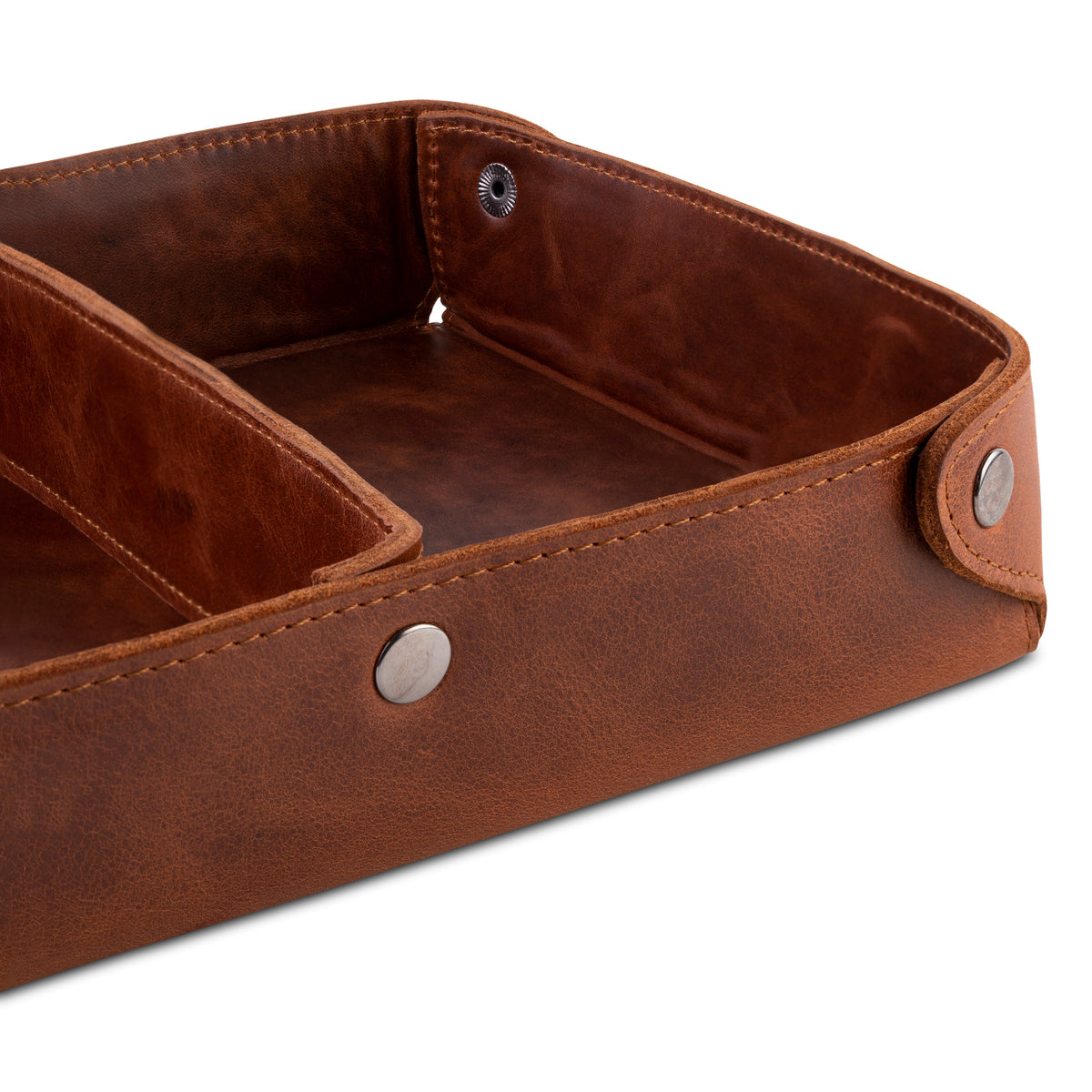 Large leather valet tray with removable divider handcrafted in Europe