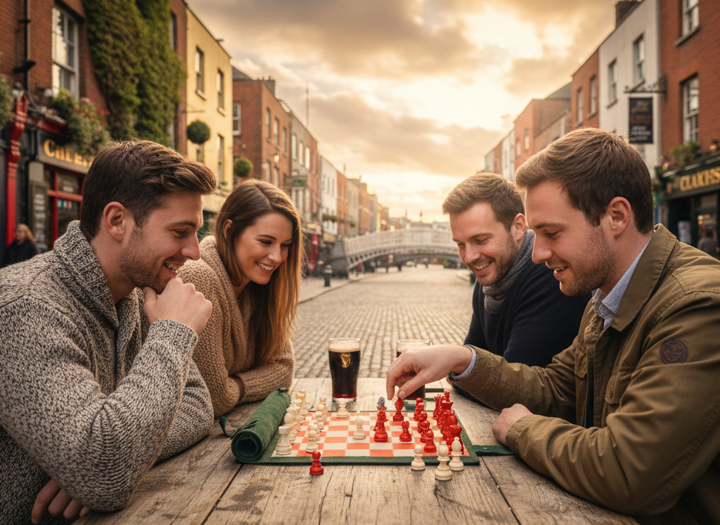 Friends enjoying the MELIA Eire magnetic leather chess set outdoors