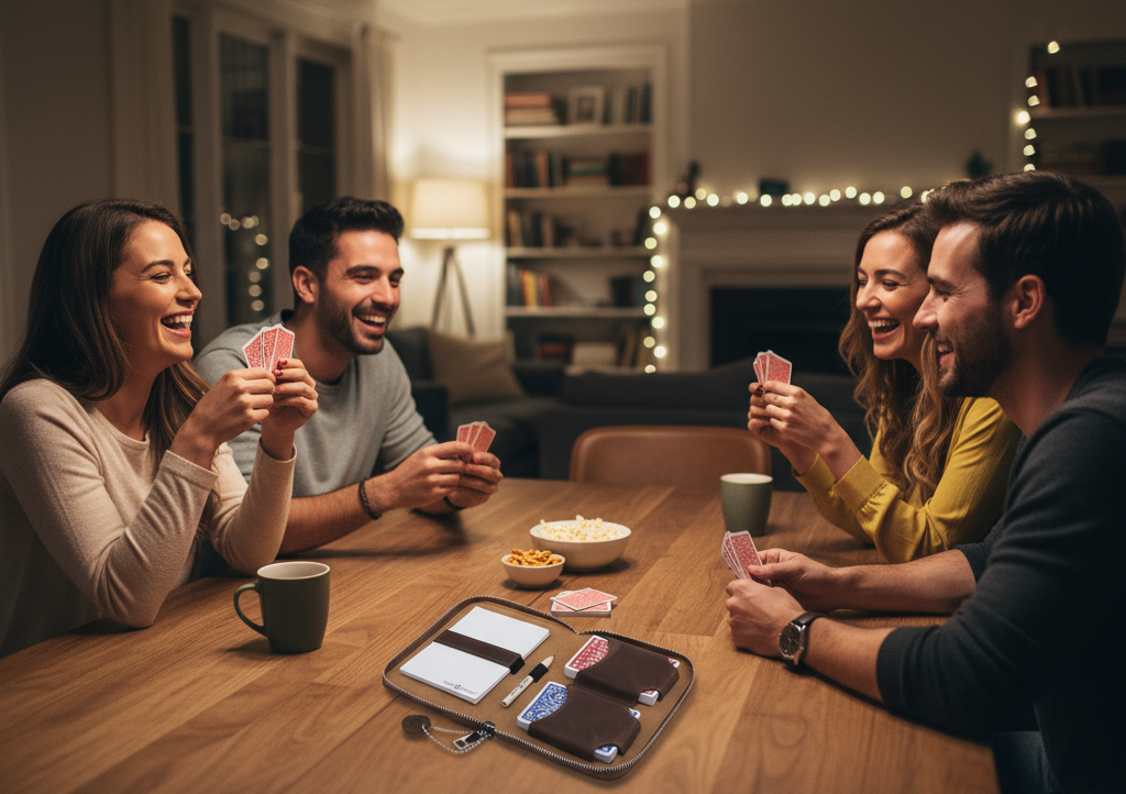 MELIA luxury leather playing card set during an elegant game night with friends
