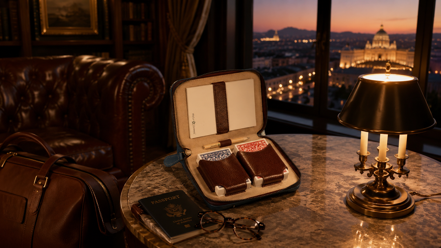 MELIA Playing Cards Deluxe in brown leather with two card decks, scorebook and pencil on a dark tabletop