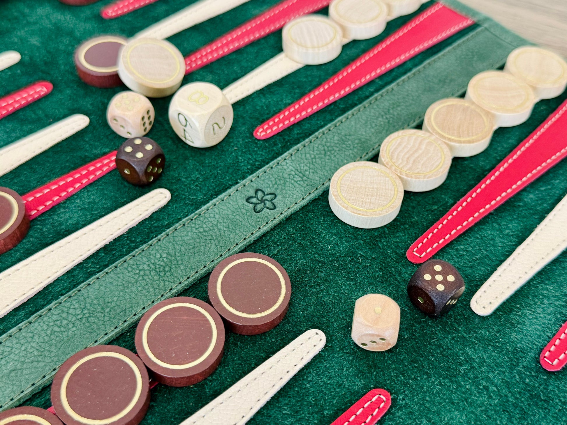 Bella Italia green nubuck backgammon board with red and cream leather points