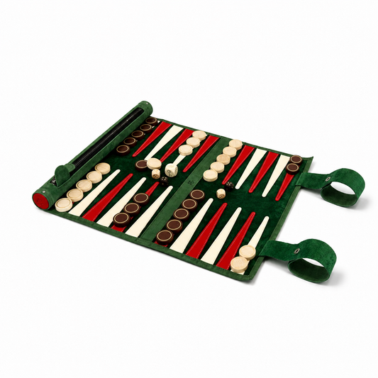 MELIA Bella Italia roll-up leather backgammon set in green nubuck leather