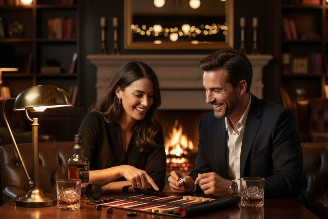Black Buffalo leather backgammon set in an elegant evening interior