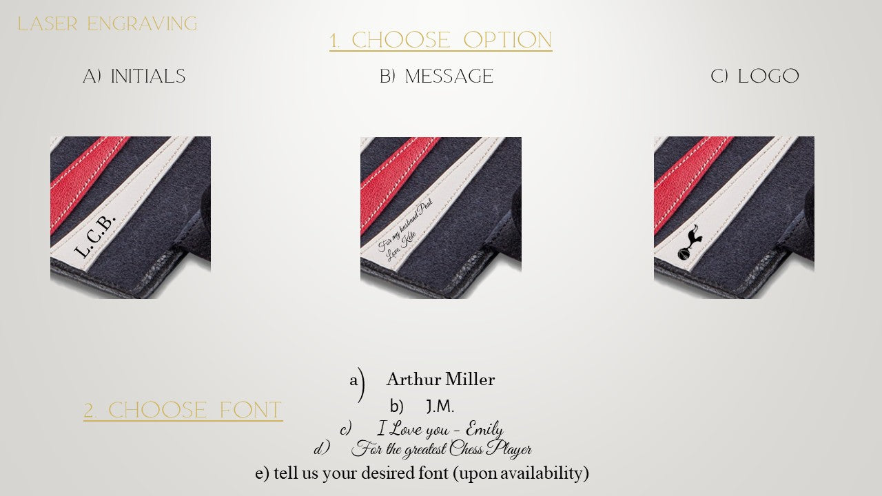 Personalisation options for MELIA Black Buffalo leather backgammon set