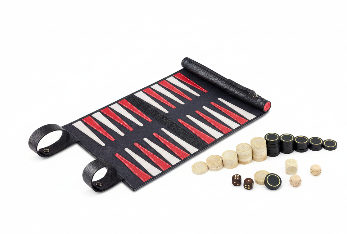 MELIA Black Buffalo roll-up backgammon with wooden checkers and dice