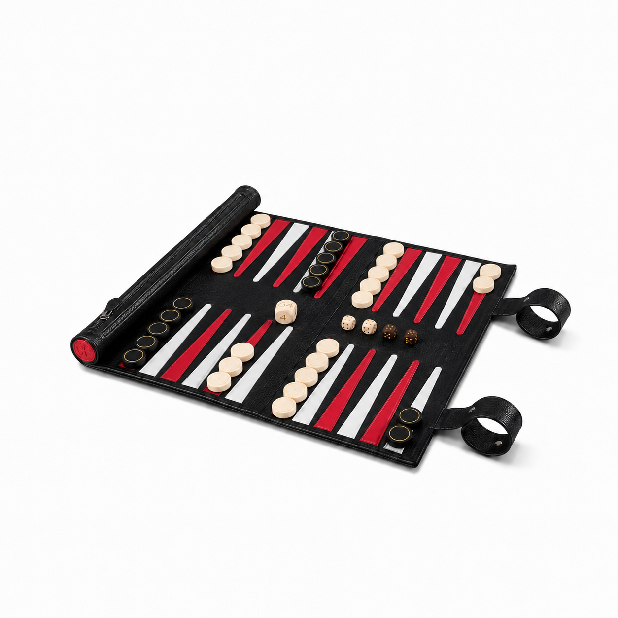 MELIA Black Buffalo roll-up backgammon set in black floater leather