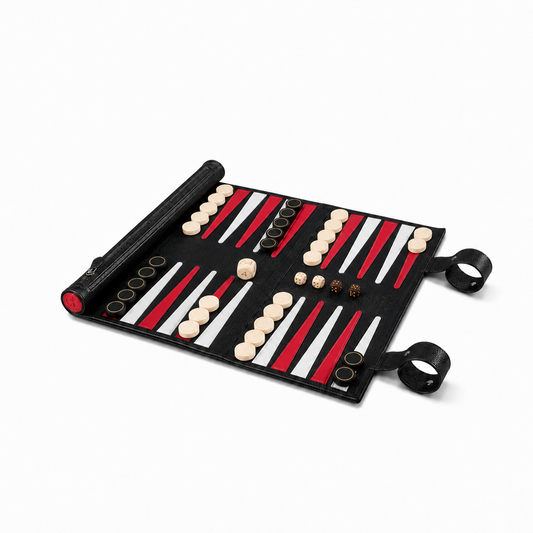 MELIA Black Buffalo roll-up backgammon set in black floater leather