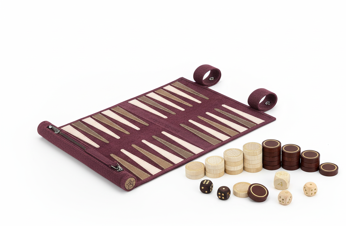 Bordeaux leather backgammon board with cream and dark wooden checkers