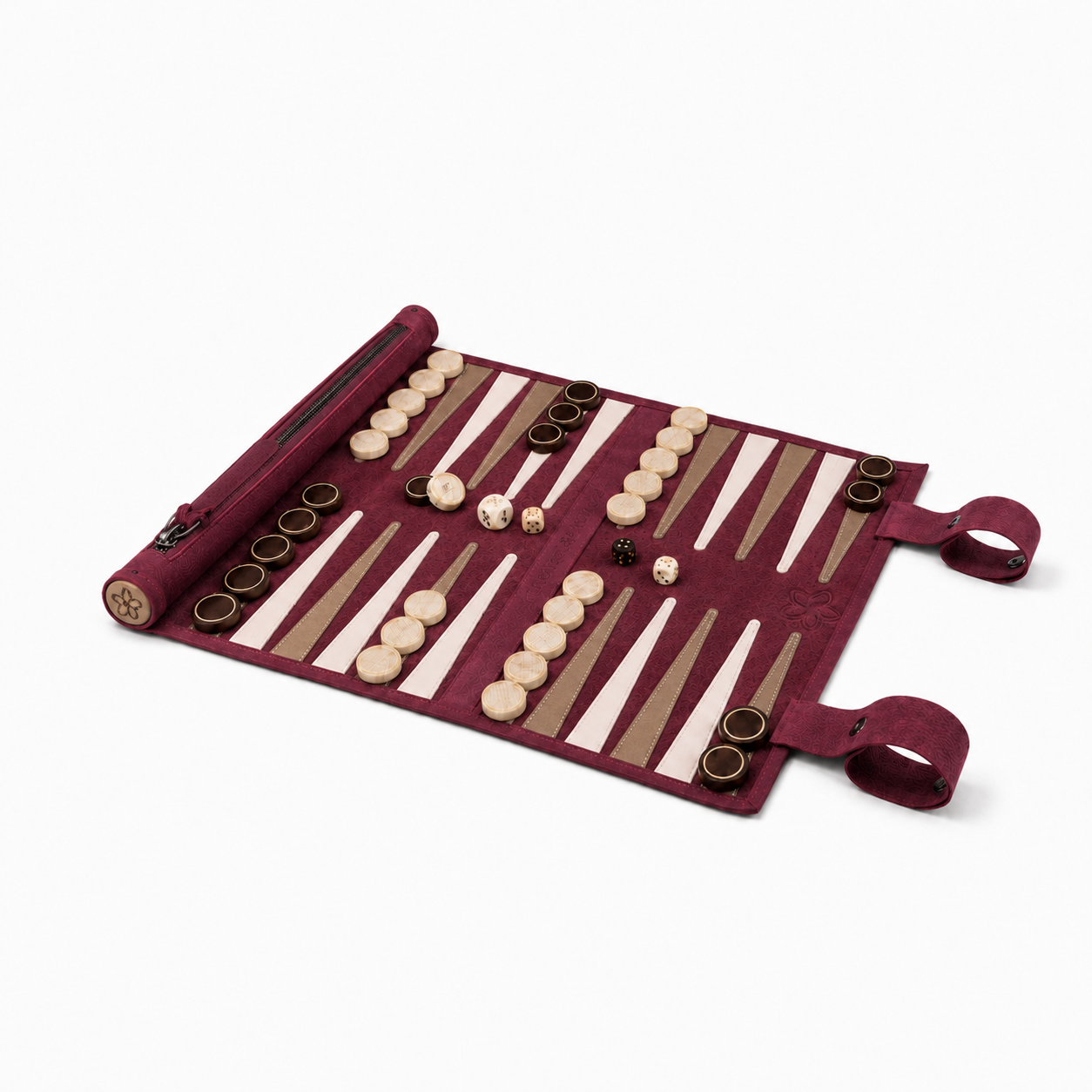 MELIA Bordeaux roll-up leather backgammon set open with wooden checkers