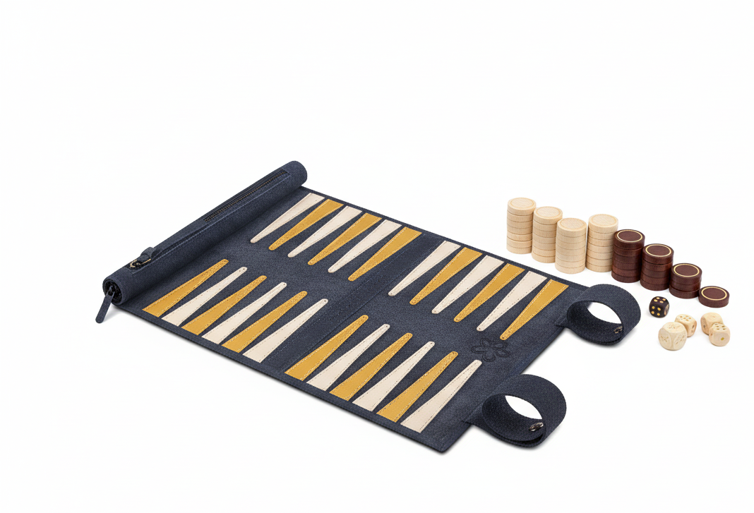 MELIA Canarias blue leather backgammon set for travel