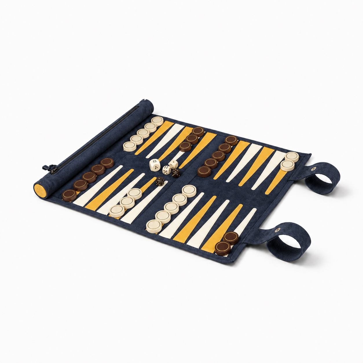 MELIA Canarias roll-up leather backgammon set in dark blue nubuck leather