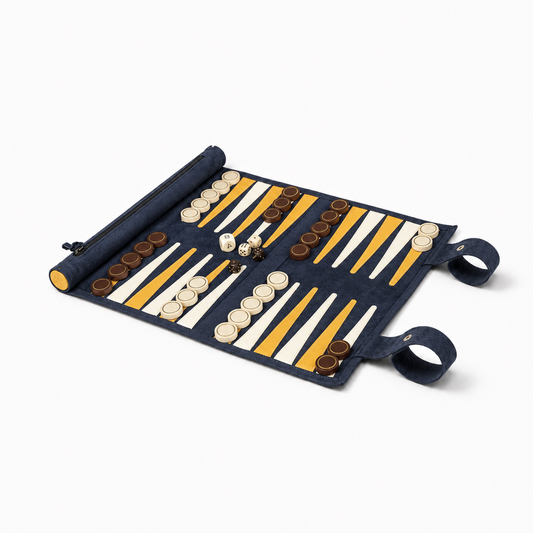MELIA Canarias roll-up leather backgammon set in dark blue nubuck leather
