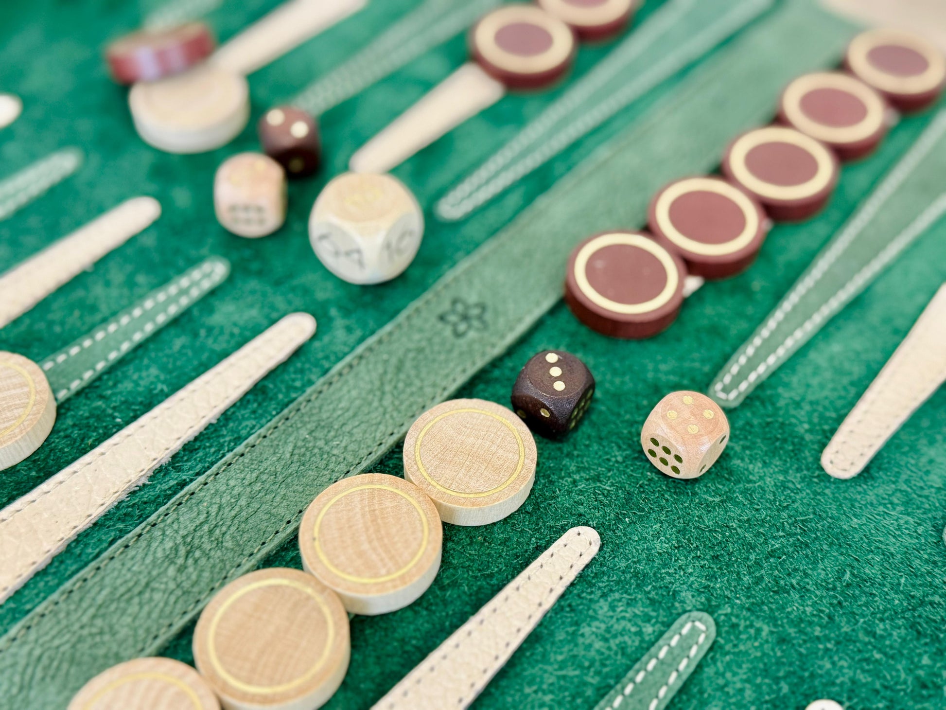 Celtics green nubuck backgammon board with brown and cream wooden checkers