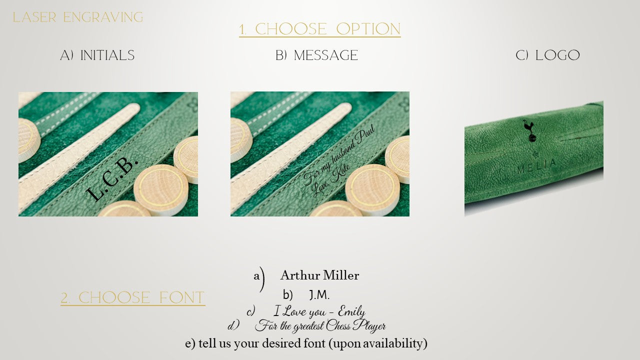 Colour combinations and craftsmanship details of the MELIA Celtics roll-up backgammon set